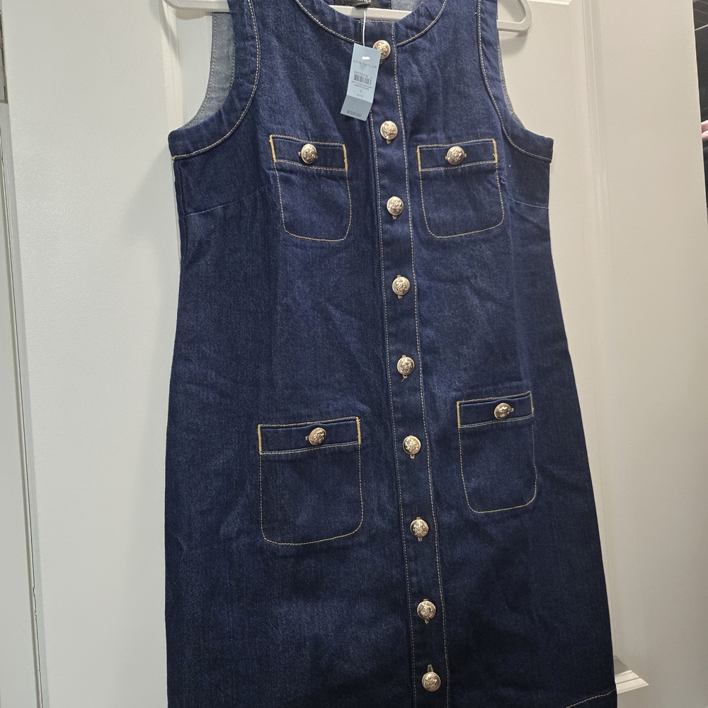 Ann Taylor Navy Denim Dress with Gold Buttons